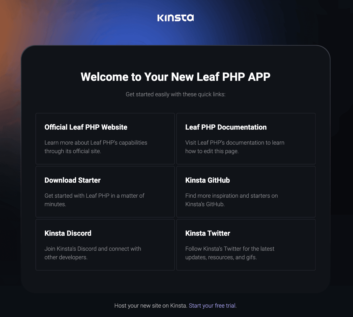 Sevalla Welcome page after successful installation of Leaf PHP.